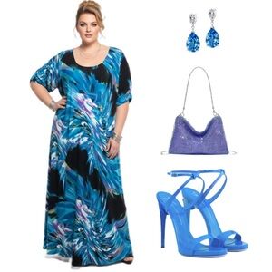 5X Avenue Blue Colorful Abstract Long Maxi Short Sleeve Travel Geometric Dress